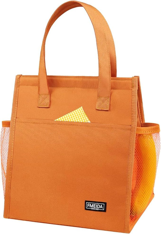 Fmeida Insulated Lunch Bag for Women Cooler Lunch Bag Thermal Adult Lunch Totes Reusable Lunch Boxes for Office College Beach Travel | Medium Orange Front&Side&Interior Pocket