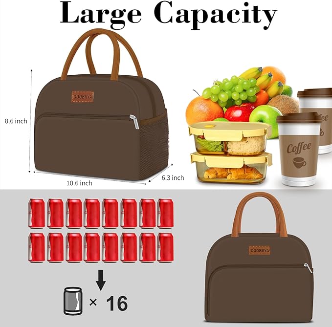 Coobiiya Lunch Bag Women, Lunch Box for Women Adult Men, Small Leakproof Cute Lunch Tote Large Capacity Reusable Insulated Cooler Lunch Container for Work/Office/Picnic/Travel-Brown
