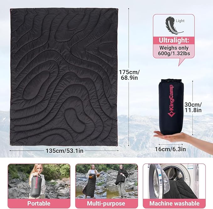 KingCamp Lightweight Camping Blanket - Stylish & Multifunctional Quilt with Snap Button, Portable for Travel, Airplane, Indoor & Outdoor - Provides Warmth - Black