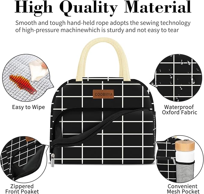 Coobiiya Lunch Bag Women, Lunch Box for Women Adult Men, Small Leakproof Cute Lunch Tote Large Capacity Reusable Insulated Cooler Lunch Container for Work/Office/Picnic/Travel-Black Plaid