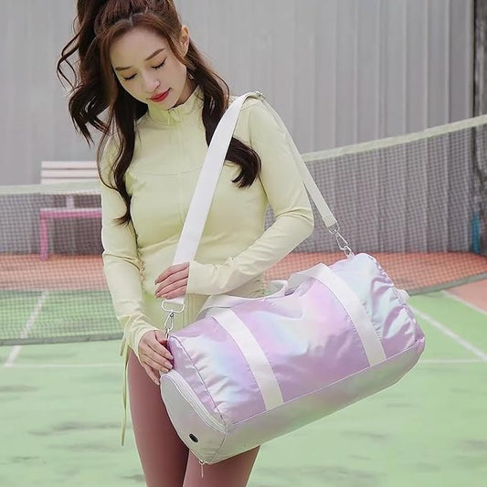 Sports Gym Dance Bag for Women Girls, Shimmery Waterproof Duffle Travel Bag With Shoes Compartment and Wet Dry Pocket (Purple)