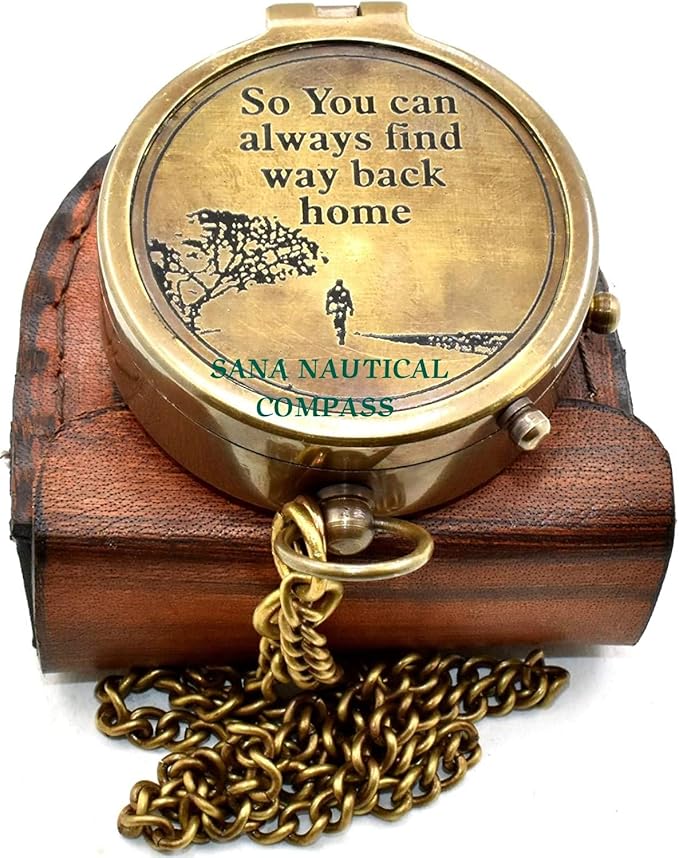 Antique Pocket Chain Compass to My Husband Brass Locket Compass with Engraved Brass Compass on Chain with Leather case, by Brass Nautical Compass, Antique Brown, 2.5 X 2.5 X 0.90''