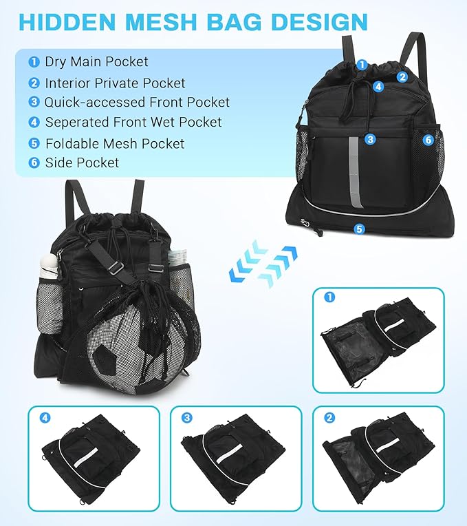 Drawstring Backpack, Waterproof Sandproof Beach Backpack for Sport Gear Small Gym Bag with Hidden Ball Net Pocket and Seperated Wet Pocket Draw String Back Bag for Women Men, Black