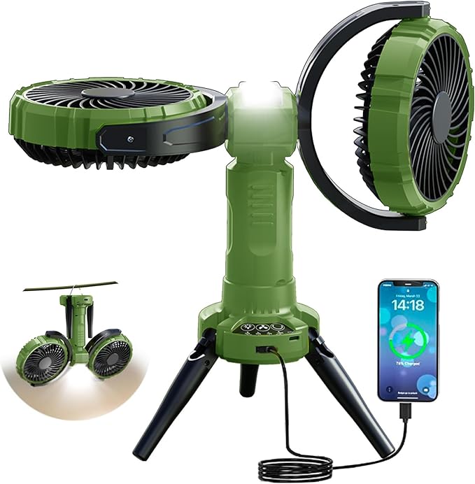 Outdoor Camping Fan with LED Light,8000mAh Rechargeable Battery Powered with Hook Tent Fans,270° Oscillating 360°Rotation Portable Tripod Beach Fan for Canopy,Travel,Fishing,Home,Green