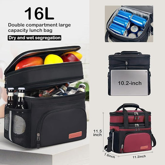 Lunch Box For Men/Women,Large Double-layer Insulated Expandable Reusable Leakproof Cooler Bags For Adults,Lunch Bag With Adjustable Shoulder Strap For Office Travel Picnic(Red)