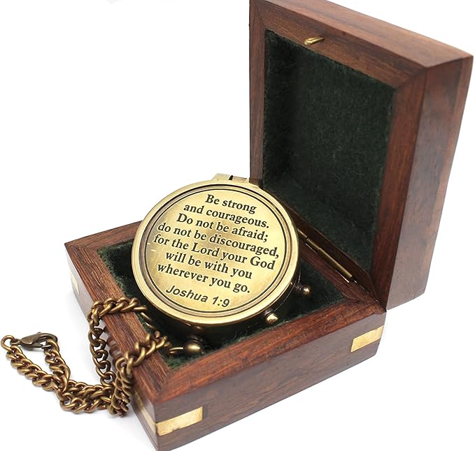 Be Strong and Courageous Do Not Be AfraidAntique Nautical Vintage Directional Magnetic Compass with Famous Scripture Quote Engraved Baptism Gifts with Wooden Case for Loved Ones, Son, Father, Love,