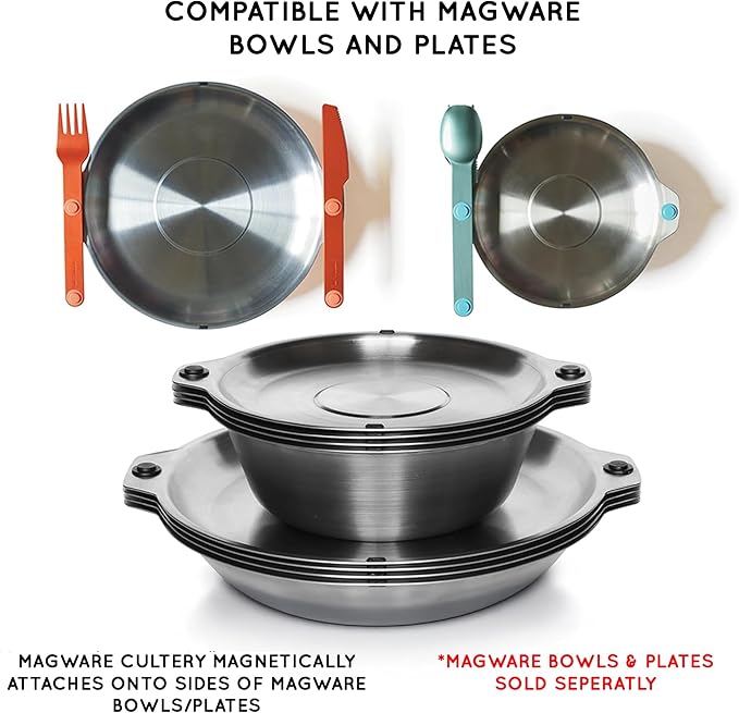 FULL WINDSOR - MAGWARE Magnetic Stainless Steel Kitchen Utensils Set - Travel Utensils for Camping, Cooking, and Outdoor Dining - Knife, Fork & Spoon - Compact Camping Cutlery - Multicolor (15 PCS)
