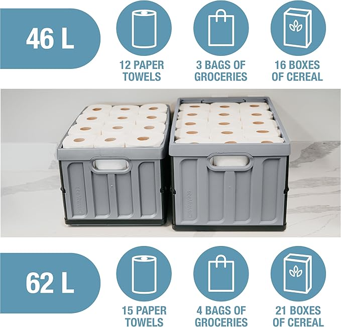 CleverMade Collapsible Storage Bins with Lids - Ocean 3 Pack 62L - Plastic Containers Stackable Organization Crates Home Closet Space-Saving Durable