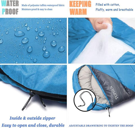 tuphen- Sleeping Bags for Adults Kids Boys Girls Backpacking Hiking Camping Microfiber Liner, Cold Warm Weather 4 Seasons Indoor Outdoor Use, Lightweight & Waterproof