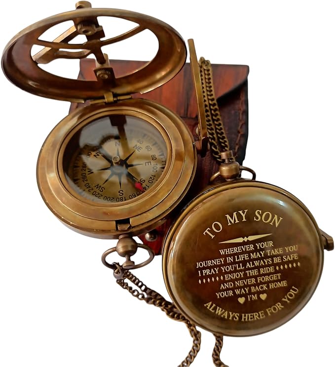 to My Son Compass Personalized Sundial Compass with Leather Case/Gift for Son/to My Son Gifts/Mom to Son Gift/Dad to Son/Grandson Gift, Directional Magnetic Sundial Compass