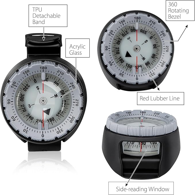 Scuba Compass, Professional Waterproof 5ATM Dive Wrist Compass with TPU Band for Outdoor Sports Diving, Sailing, Hiking, Survival Emergency