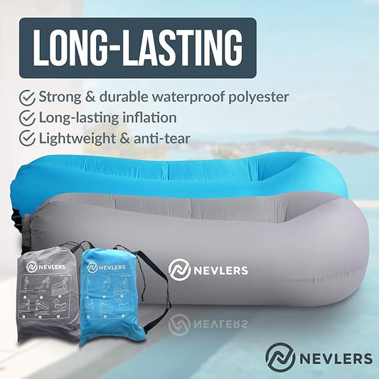 Nevlers 2 Pack Inflatable Loungers Air Sofa Couch | Perfect for Beach Chair Camping Chairs or Portable Hammock |Travel Bag Pouch, Pegs & 3 Pockets| Movie Seating & Camping Accessories Blow Up Lounger