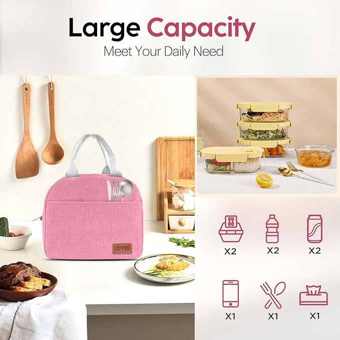 Lunch Bag Lunch Box for Women & Men, Large Capacity Insulated Lunch Bag for Adult, Leakproof Reusable Lunch Tote Bags for Work/Office/Travel/Picnic (Pink)