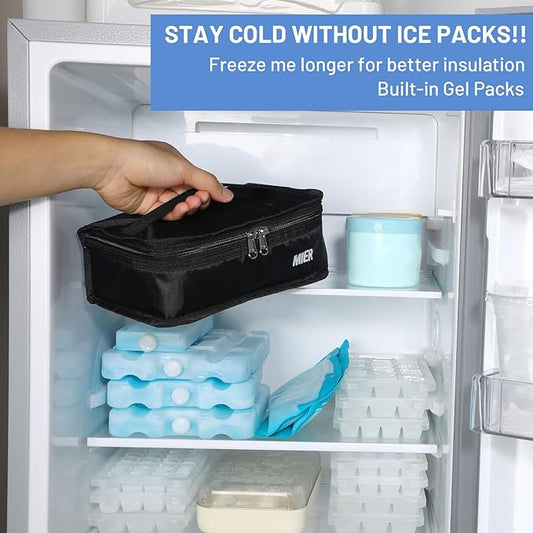 MIER Freezable Lunch Bag Frozen Mini Cooler Small Portable Insulated Lunch Box Freezer Snack Bags for Kids Adult Travel Work School, Black