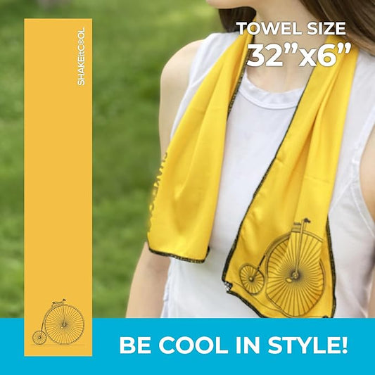SHAKEitCOOL Original Cooling Towel – Be Cool in Style - Heat Relief, Soft, Lightweight, Sun Protection, Easy Clean - Perfect for Biking, Running, Yoga, Gym, Gardening - Vintage Yellow
