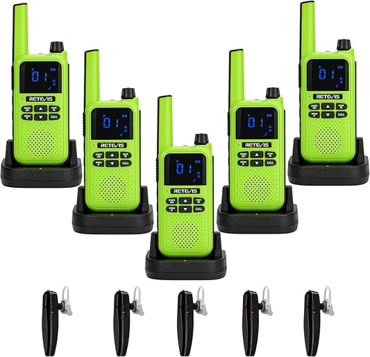 Retevis RA19 Bluetooth Walkie Talkies Rechargeable, Long Range Two Way Radio,NOAA 1400mAh Battery with Wireless Bluetooth Headset for Riding Outdoor Adventure Team(Green,5 Pcs)