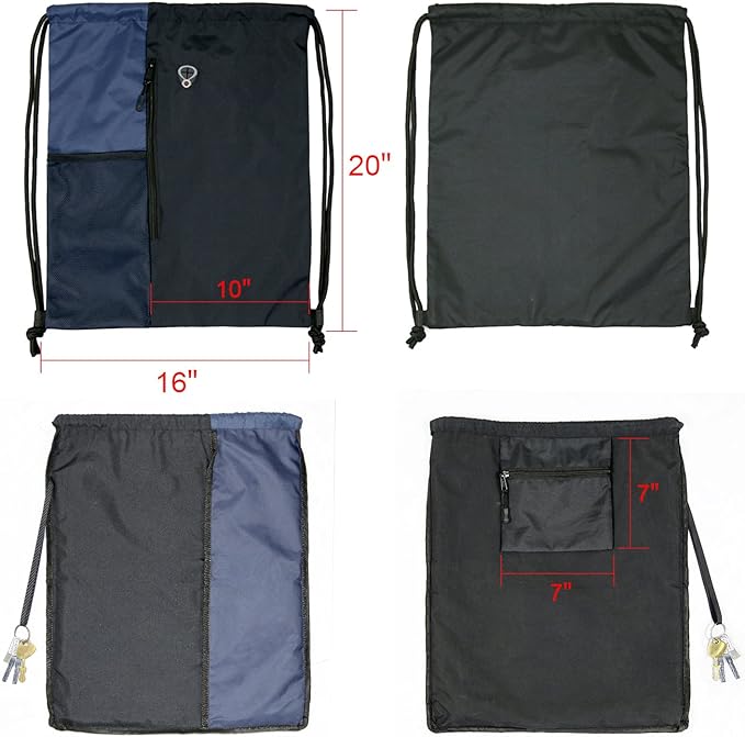 Drawstring Backpack Sports Gym Bag for Women Men Large Size With Two Zipper Pockets and Water Bottle Mesh Pockets