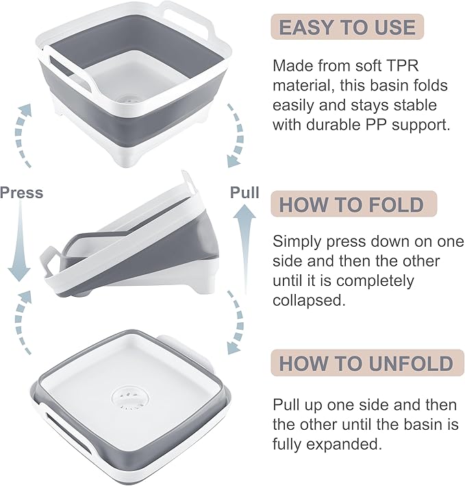 2.4 Gal(9L) Collapsible Dish Basin with Drain Plug, Space Saving Outdoor Multiuse Foldable Sink Tub, Dishpan, Kitchen Storage Tray for Camping, Vegetable Washing, RV (Gray)