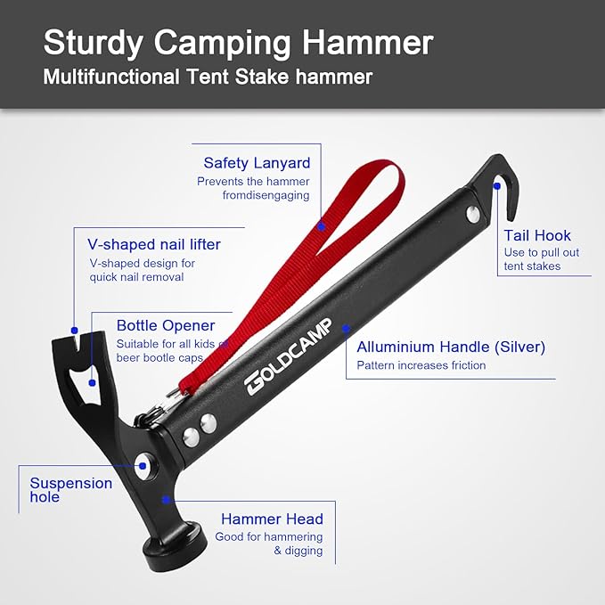 8 pack Tent stakes and hammer with Canvas Storage Bag, Heavy Duty Camping Stakes for Outdoor Tent & tarp-Essential Accessories, Carbon Steel Aluminum Camping Hammer for Hiking Kit