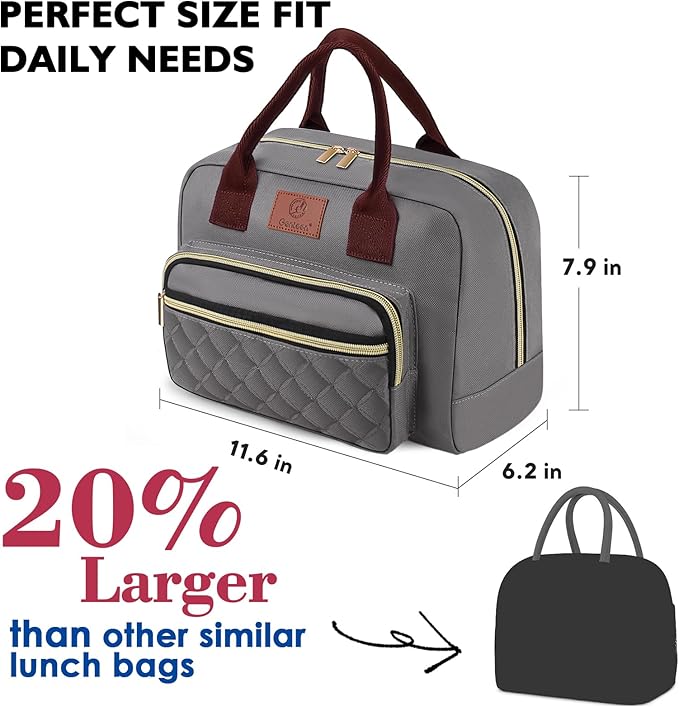 Genteen Lunch Bag for Women Girls Teens,Insulated Adult Lunch Boxes for Women,Reusable Cute Lunch Bags for Work,High Capacity Tote Lunchbox Cooler for Office Travel Picnic School-Gray