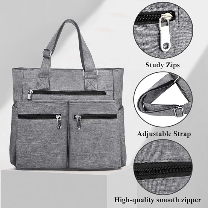 VOLGANIK ROCK Canvas Tote Bag Waterproof Nylon Multi Pocket Shoulder Bags Laptop Work Bag Teacher Purse Handbag for Women Men