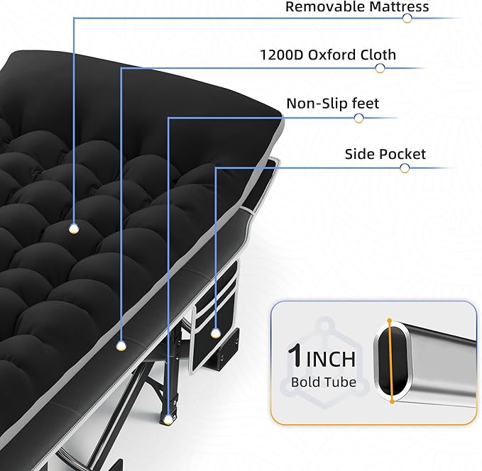 HABUTWAY Camping Cot with Mattress, 32" Extra Wide Camping Cots for Adults, Sleeping Cot for Adults Holds Up to 600LBS, Cots for Sleeping, Camp, Rv, Beach, Patio, Office Naps(Black)