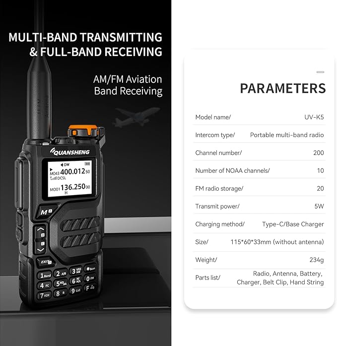 Quansheng UV-K5 Ham Radio Long Range Wakie Talkies Dual Band VHF UHF Tpye-C Rechargeable Handheld Two Way Radio with AM/FM/DTMF, W/LED Flashlight for Field, Survival Biking Hiking Camping
