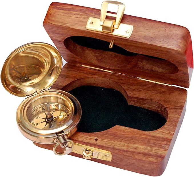 Brass Nautical Compass with Wooden Case - Antique Brass & Copper Sun Clock for Camping, Hiking, Touring - Engraved Gift for Him - Nautical Clock - Compass Gift