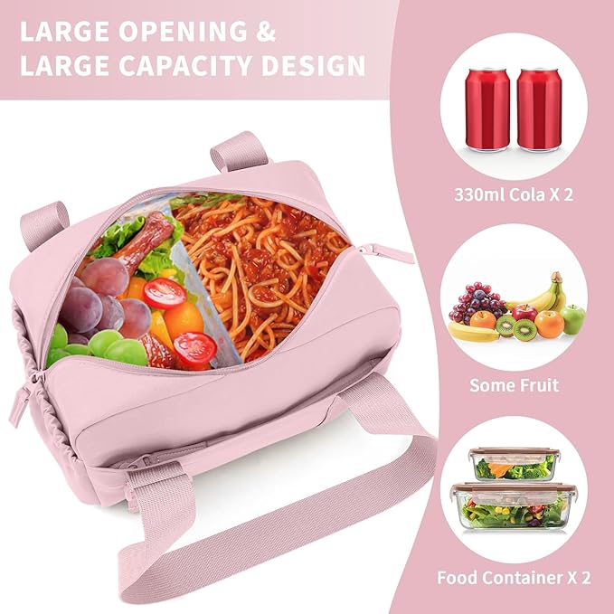 ZOMFELT Insulated Lunch Bag Women, Cute Lunch Tote Bag Lunch Box for Women, Leakproof Large Capacity Womens Lunch Bags with Adjustable Shoulder Strap for Work Office Outdoor Picnic Camping, Pink