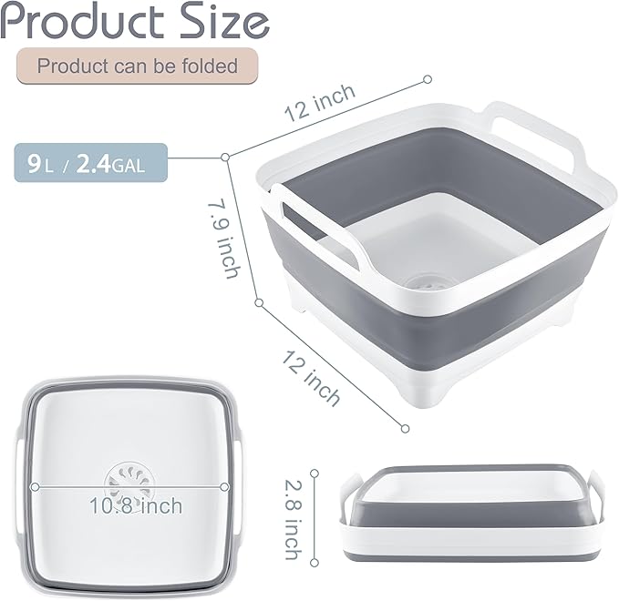 2.4 Gal(9L) Collapsible Dish Basin with Drain Plug, Space Saving Outdoor Multiuse Foldable Sink Tub, Dishpan, Kitchen Storage Tray for Camping, Vegetable Washing, RV (Gray)