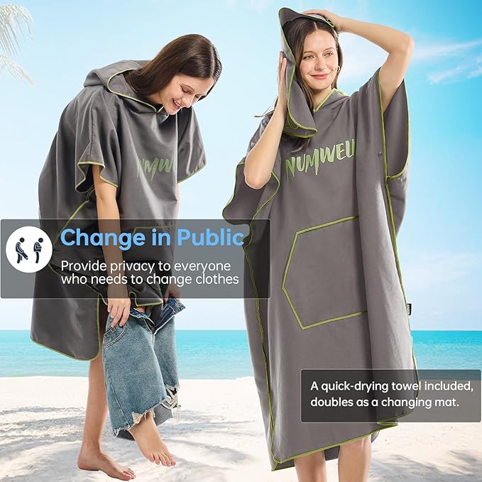 Microfiber Surf Poncho Changing Towel Robe with Changing Mat, Quick Dry Hooded Towel Poncho with Pocket for Beach, Pool, Swim, Wetsuit Changing (Gray)