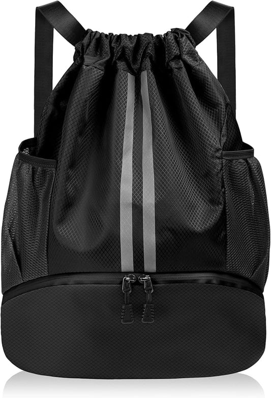 Drawstring Backpack, Waterproof Sports Backpack, Large Sports Gym Bag With Shoe Compartment and Water Bottle Mesh Pockets, for Sports Beach Holidays Swimming Travel (Black)