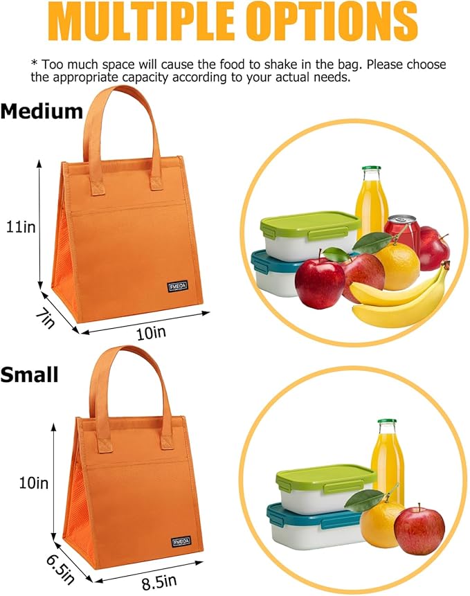 Fmeida Insulated Lunch Bag, Simple Lunch Tote Bags, Waterproof Thermal Cooler Lunch Kit, Reusable Adult Lunch Box Bag for Women | Small Orange, Front&Side&Interior Pockets