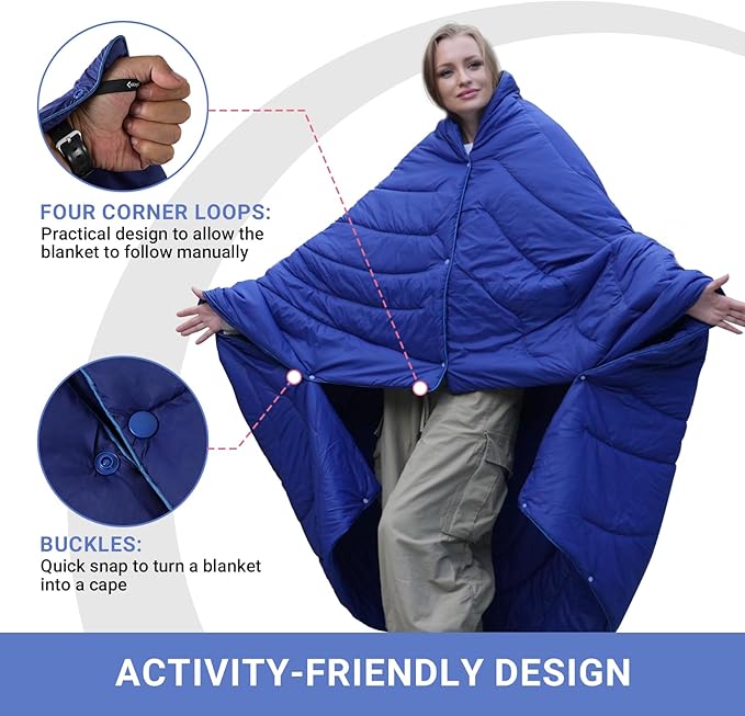 KingCamp Lightweight Camping Blanket - Stylish & Multifunctional Quilt with Snap Button, Portable for Travel, Airplane, Indoor & Outdoor - Provides Warmth - Navy