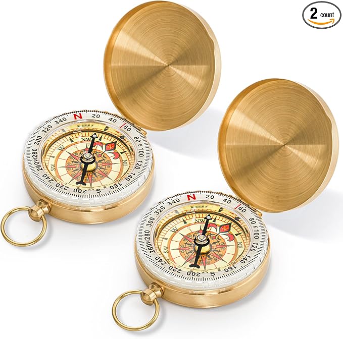 Tebery 2 Pack Classic Copper Clamshell Glow in The Dark Military Survival Gear Compass - Waterproof Luminous Kids Compass for Hiking, Camping, Hunting, Climbing