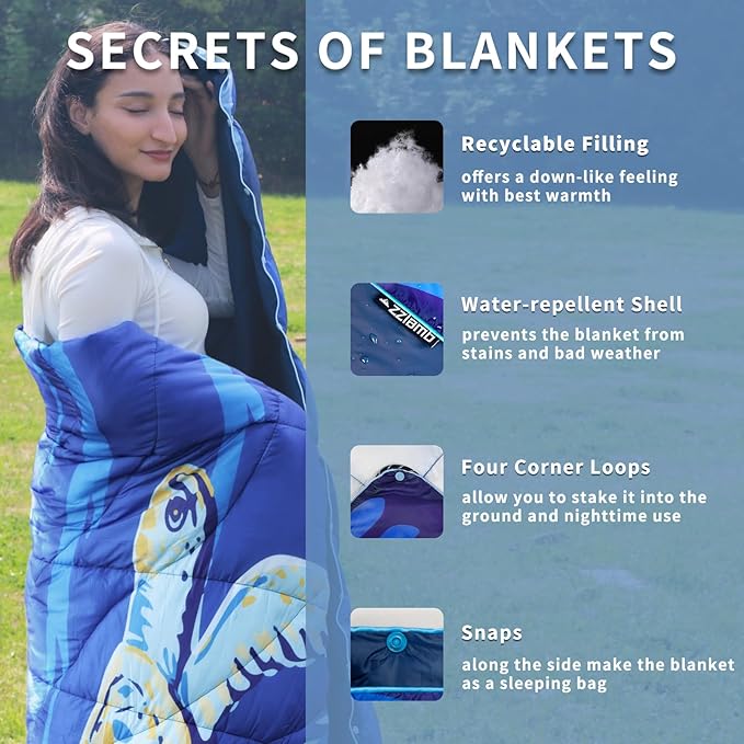 zzlamb Camping Blanket, Lightweight Cloak Puffy Down Alternative Travel Blanket, Portable & Windproof Warm Outdoor Blanket, Cozy Quilt Plane Car Picnic Hammock Beach Backpacking, 52x75in