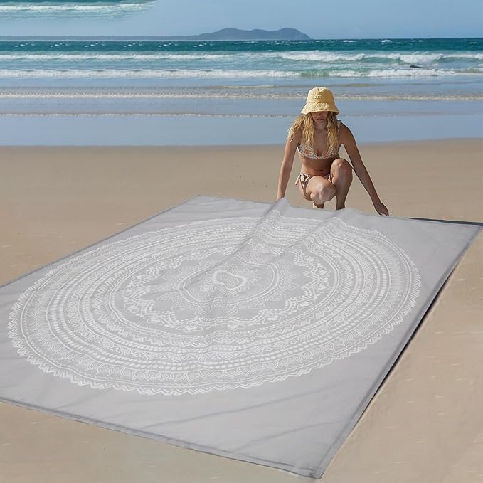 Beach Blanket Waterproof Sandproof, Large 78''×86'' Beach Mat for 1-4 Adults, Lightweight Compact & Quick Dry Sand Free Outdoor Picnic Blankets w/ 4 Stakes & 4 Corner Pockets-Grey Mandala Blossom