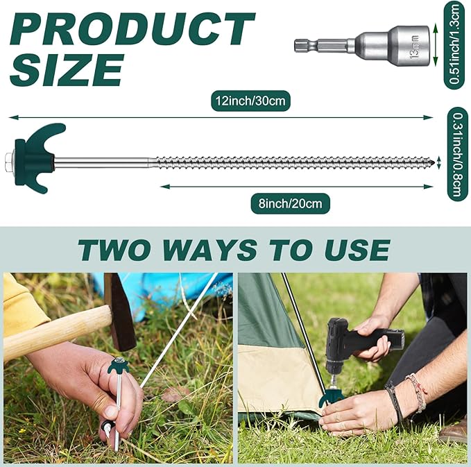 JaGely 20 Pcs 12 Inch Tent Stakes Heavy Duty Ground Anchors Metal Threaded Tent Spikes Non Rust Camping Stake Tent Pegs Screw with Hex Head Driver for Camping Yard Decor Outdoor (Blackish Green)