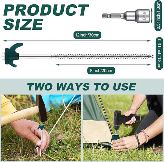 JaGely 20 Pcs 12 Inch Tent Stakes Heavy Duty Ground Anchors Metal Threaded Tent Spikes Non Rust Camping Stake Tent Pegs Screw with Hex Head Driver for Camping Yard Decor Outdoor (Blackish Green)