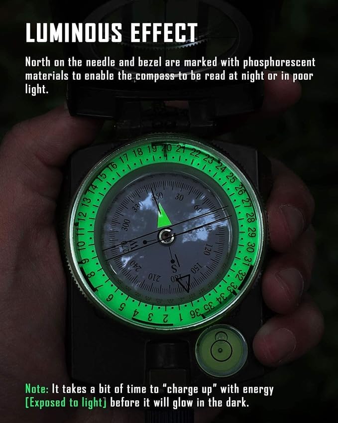 Military Compass, Hiking Compass for Survival with Lensatic Sighting, Luminous Navigation Compass Waterproof for Backpacking Orienteering Camping