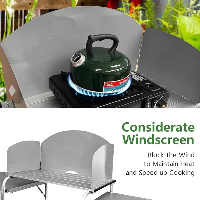 Camping Kitchen Table, Portable Folding Aluminum Cooking Table with 3 Storage Cupboards and Carrying Bags, Outdoor Cooking Station for Beach BBQ RV Traveling Camping Party (Silver)