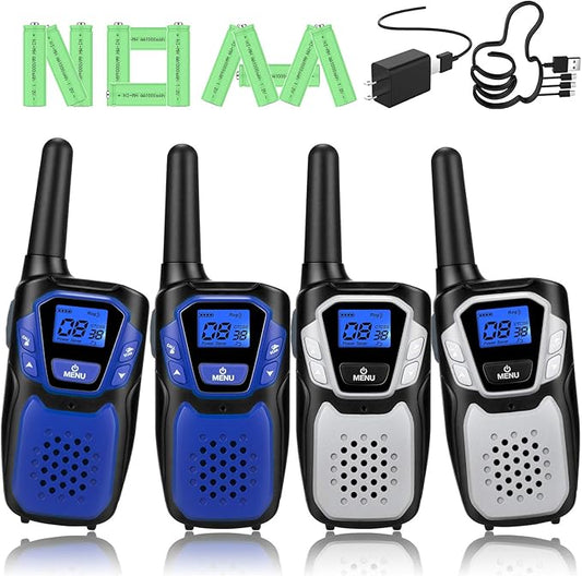 Walkie Talkies Rechargeable, 4 Pack Easy to Use Long Range Walky Talky for Adult Handheld Two Way Radio with NOAA for Hiking Camping (2Blue & 2Silver with Micro-USB Charger/Battery/Lanyard)