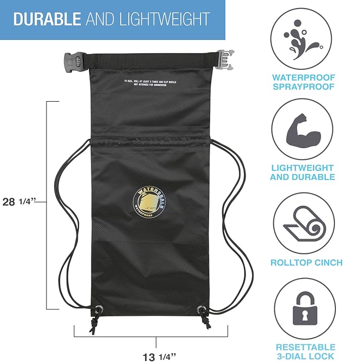 WaterSeals Lewis N. Clark Cinch Locking Backpack | Waterproof Drawstring Bag | Anti-Theft Combination Lock | For Men & Women | Black