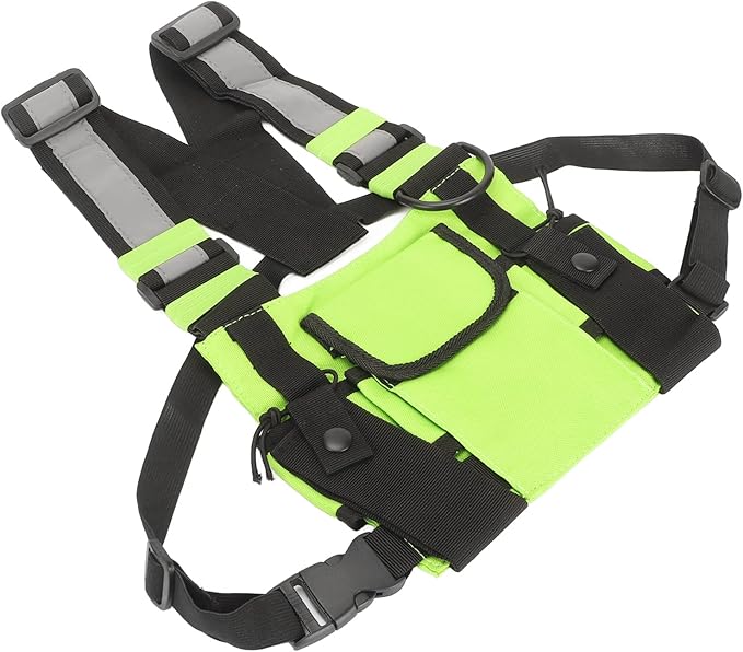 Universal Radio Chest Harness Rig Bag, Walkie Talkie Pocket Pack Holster Vest with Front Pouches & Adjustable Shoulder Straps for Two Way Radio (Bright Green)