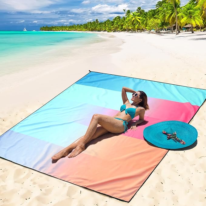 Beach Blanket Waterproof Sandproof Beach Mat 79" X 83" /10'x9'for 2-8 Adults Quick Drying Outdoor Picnic Mat Beach Accessories for Travel, Camping, Hiking