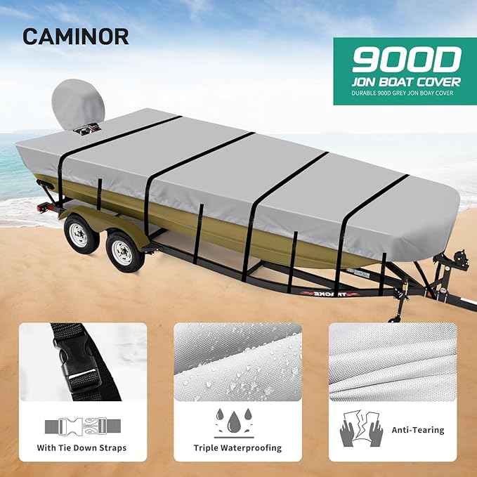 Jon Boat Cover 18ft, 900D Heavy Duty Trailerable Waterproof Jon Boat Cover 18 Foot with Motor Cover, Marine Grade Canvas,Gray