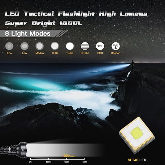 Wurkkos LED Tactical Flashlight Rechargeable - TD01C Tactical Flashlight High Lumens SFT40 LED Super Bright 1800LM with Buck Regulated Driver IP68 1000M Longest Range USB C