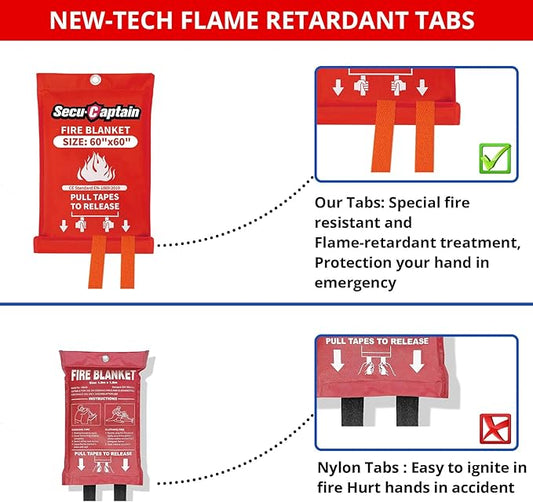 SecuCaptain Emergency Fire Blanket for Home - 60"x60" X-Large Flame Retardant Blankets with Fireproof Tabs for House Camping Kitchen Fire Protection Survival Safety