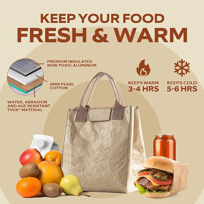VonNova Insulated Lunch Box for Women, 7L Capacity, Leakproof Lunch Tote Bag, Durable Lunchbox made from Tyvek Material, Adult Cooler Bag for Work, Picnic, Travel and more (Beige)