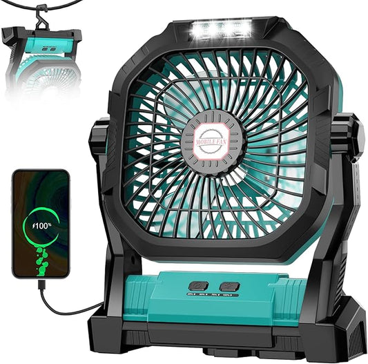 Camping Fan Rechargeable, 20000mAh Battery Powered Portable Fan with LED Light, 4-Speed 180° Adjustable, Camping Essentials for Tent, Travel, Car, Outdoor, Indoor, BBQ, Fishing, Jobsite - Blue